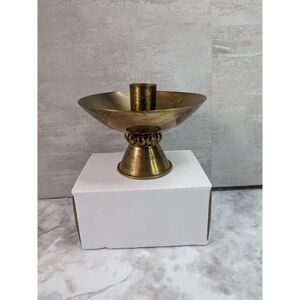 Vintage Brass Taper Candle Holder Pedestal Bowl Patina 5 Inch Mid Century